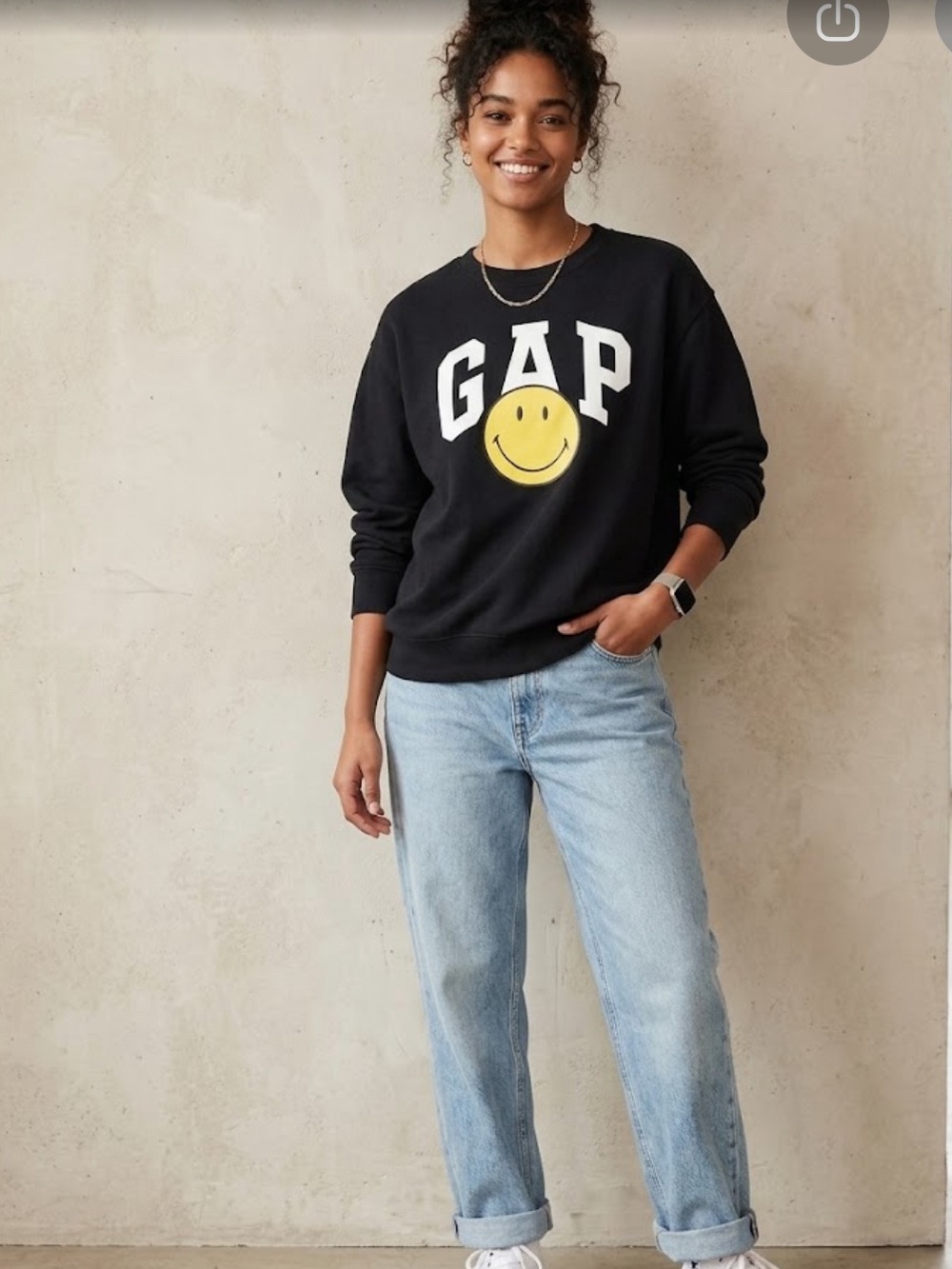 GAP Black Crewneck Sweatshirt with Yellow Smiley and White Logo